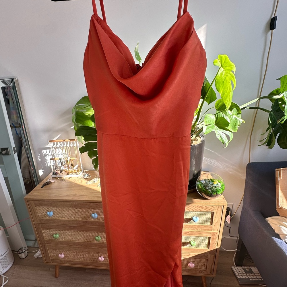 Stacees Bridesmaids Dress Stretch Satin Cowl Neck Floor-Length w Pleated Split - Picture 6 of 8